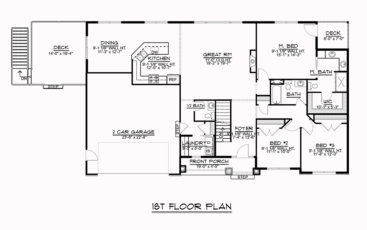 Bungalow, Country, Craftsman, Ranch, Traditional House Plan 51891 with 3 Beds, 3 Baths, 2 Car Garage Level One