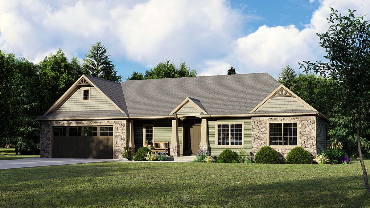 Bungalow, Country, Craftsman, Ranch, Traditional House Plan 51891 with 3 Beds, 3 Baths, 2 Car Garage Elevation