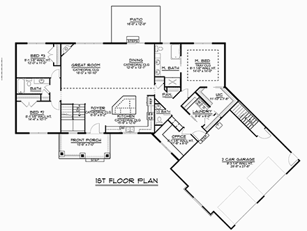 Bungalow, Country, Craftsman, Ranch, Traditional House Plan 51892 with 3 Beds, 2 Baths, 2 Car Garage First Level Plan