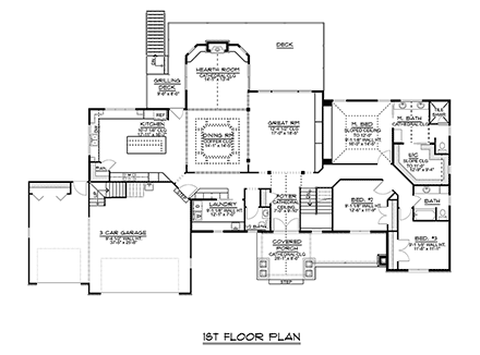 Bungalow, Cottage, Country, Craftsman, Ranch, Traditional House Plan 51894 with 3 Beds, 3 Baths, 3 Car Garage First Level Plan