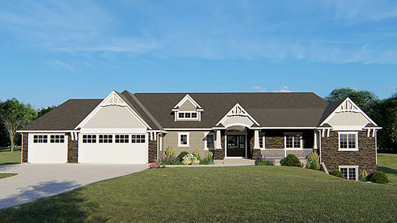Bungalow, Cottage, Country, Craftsman, Ranch, Traditional House Plan 51894 with 3 Beds, 3 Baths, 3 Car Garage Elevation