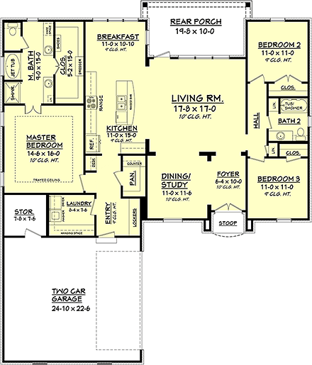 Country, European, French Country House Plan 51911 with 3 Beds, 2 Baths, 2 Car Garage First Level Plan