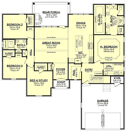 Country, French Country, Southern, Traditional House Plan 51932 with 4 Beds, 2 Baths, 2 Car Garage First Level Plan