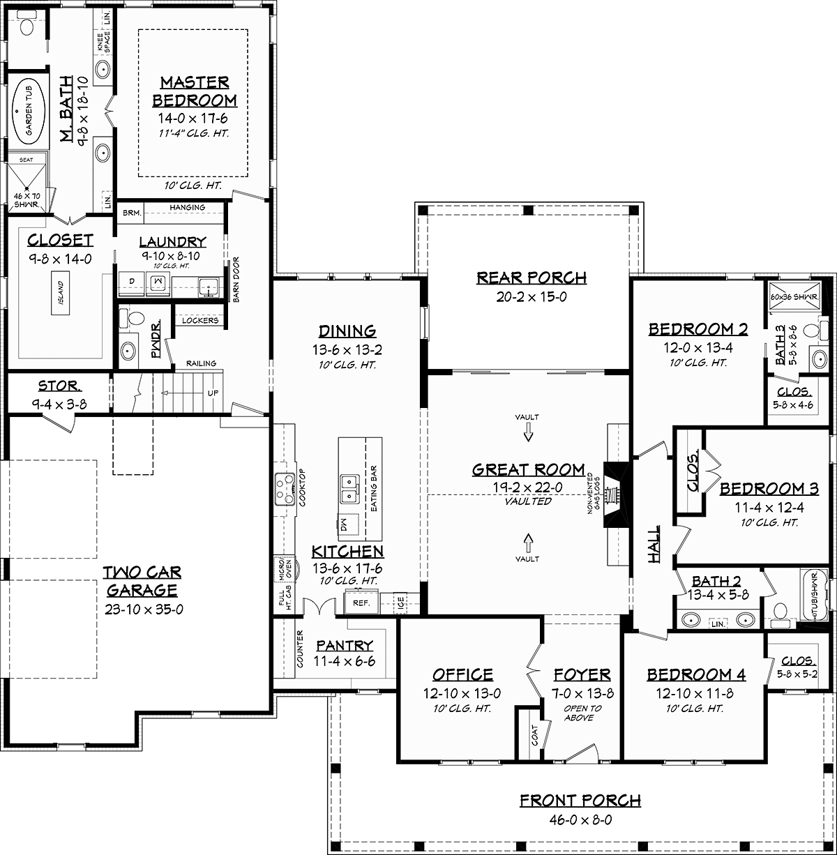 Country, Farmhouse, Southern House Plan 51974 with 4 Beds, 4 Baths, 3 Car Garage Alternate Level One