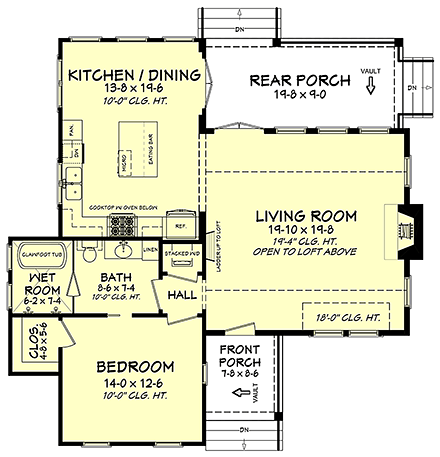 Cabin, Country, Farmhouse, Southern House Plan 51976 with 1 Beds, 1 Baths First Level Plan