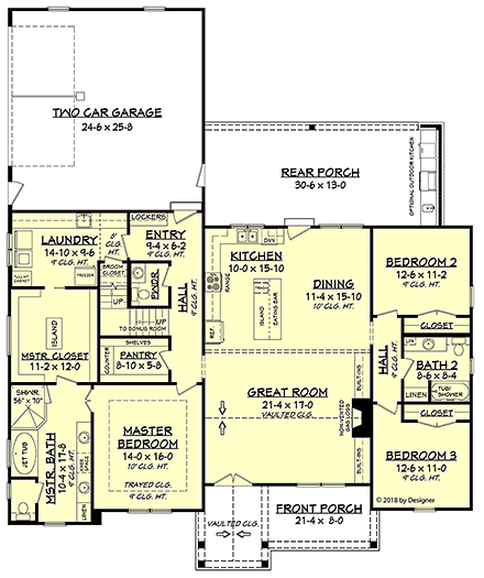 Country, Farmhouse, Southern House Plan 51984 with 3 Beds, 3 Baths, 2 Car Garage First Level Plan