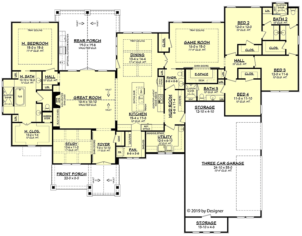 Country, Craftsman, Ranch House Plan 51987 with 4 Beds, 4 Baths, 3 Car Garage Level One
