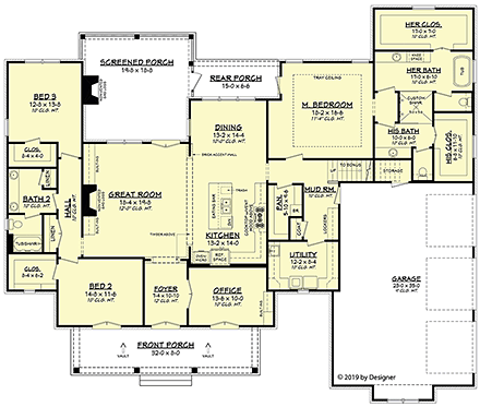 French Country, Southern House Plan 51989 with 3 Beds, 2 Baths, 3 Car Garage First Level Plan