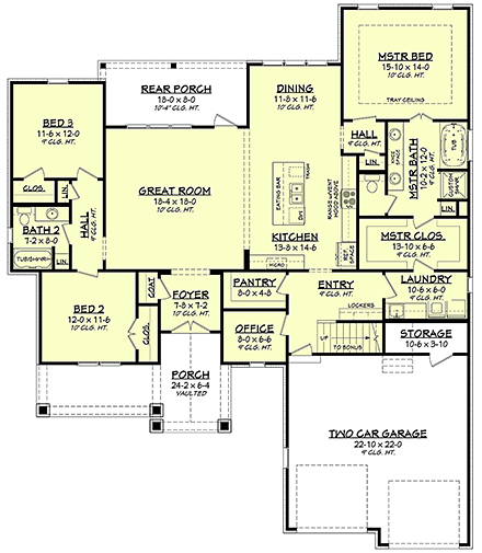 Cottage, Country, Craftsman House Plan 51990 with 3 Beds, 2 Baths, 2 Car Garage First Level Plan