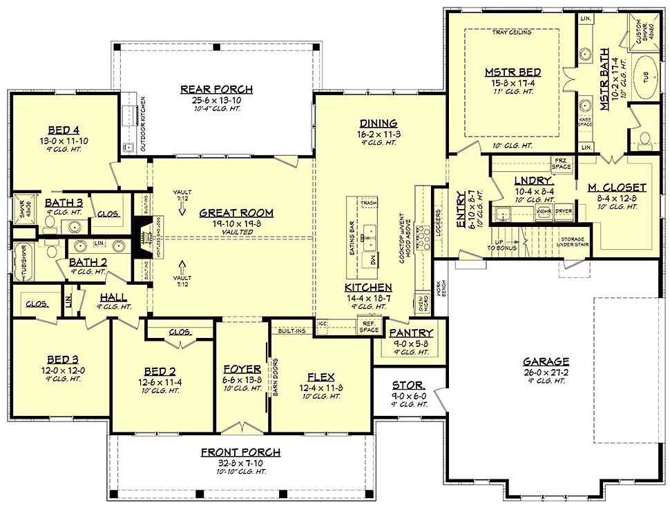 Country, Farmhouse, Southern House Plan 51998 with 4 Beds, 3 Baths, 2 Car Garage Alternate Level One
