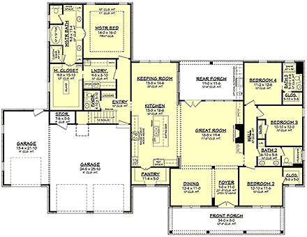 Country, Farmhouse, Southern House Plan 51999 with 4 Beds, 4 Baths, 3 Car Garage First Level Plan