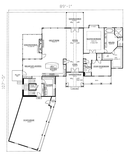 Bungalow, Craftsman, Traditional House Plan 52004 with 4 Beds, 3 Car Garage First Level Plan