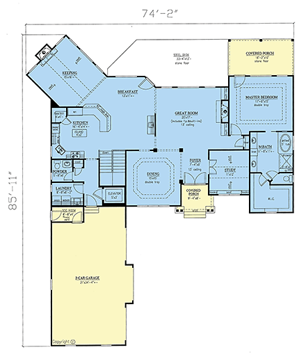 Craftsman, Traditional House Plan 52008 with 4 Beds, 5 Baths, 3 Car Garage First Level Plan