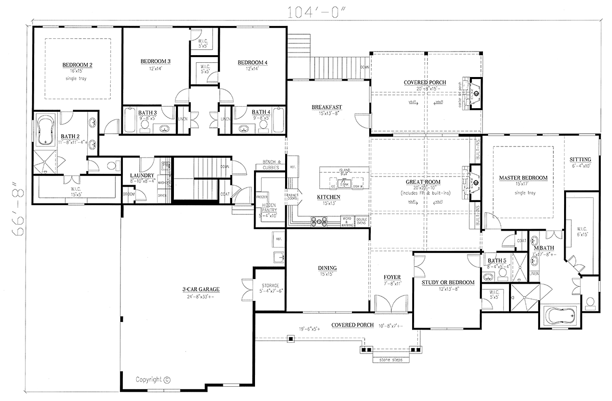 Craftsman, Ranch, Tudor House Plan 52021 with 4 Beds, 5 Baths, 3 Car Garage Level One