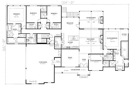 Craftsman, Ranch, Tudor House Plan 52021 with 4 Beds, 5 Baths, 3 Car Garage First Level Plan