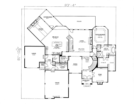 European House Plan 52023 with 4 Beds, 5 Baths, 3 Car Garage First Level Plan