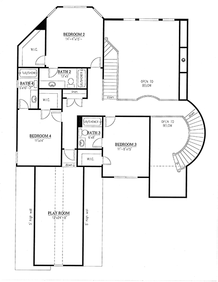 European House Plan 52023 with 4 Beds, 5 Baths, 3 Car Garage Second Level Plan