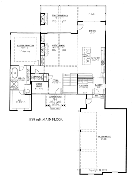 Cottage, Craftsman House Plan 52032 with 3 Beds, 4 Baths, 3 Car Garage First Level Plan