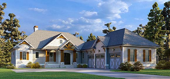 Craftsman, Traditional House Plan 52037 with 3 Beds, 4 Baths, 3 Car Garage Elevation