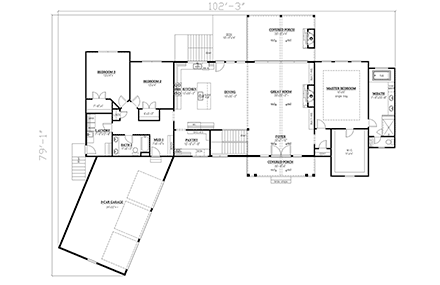 Contemporary, Craftsman, Southern House Plan 52040 with 3 Beds, 2 Baths, 3 Car Garage First Level Plan