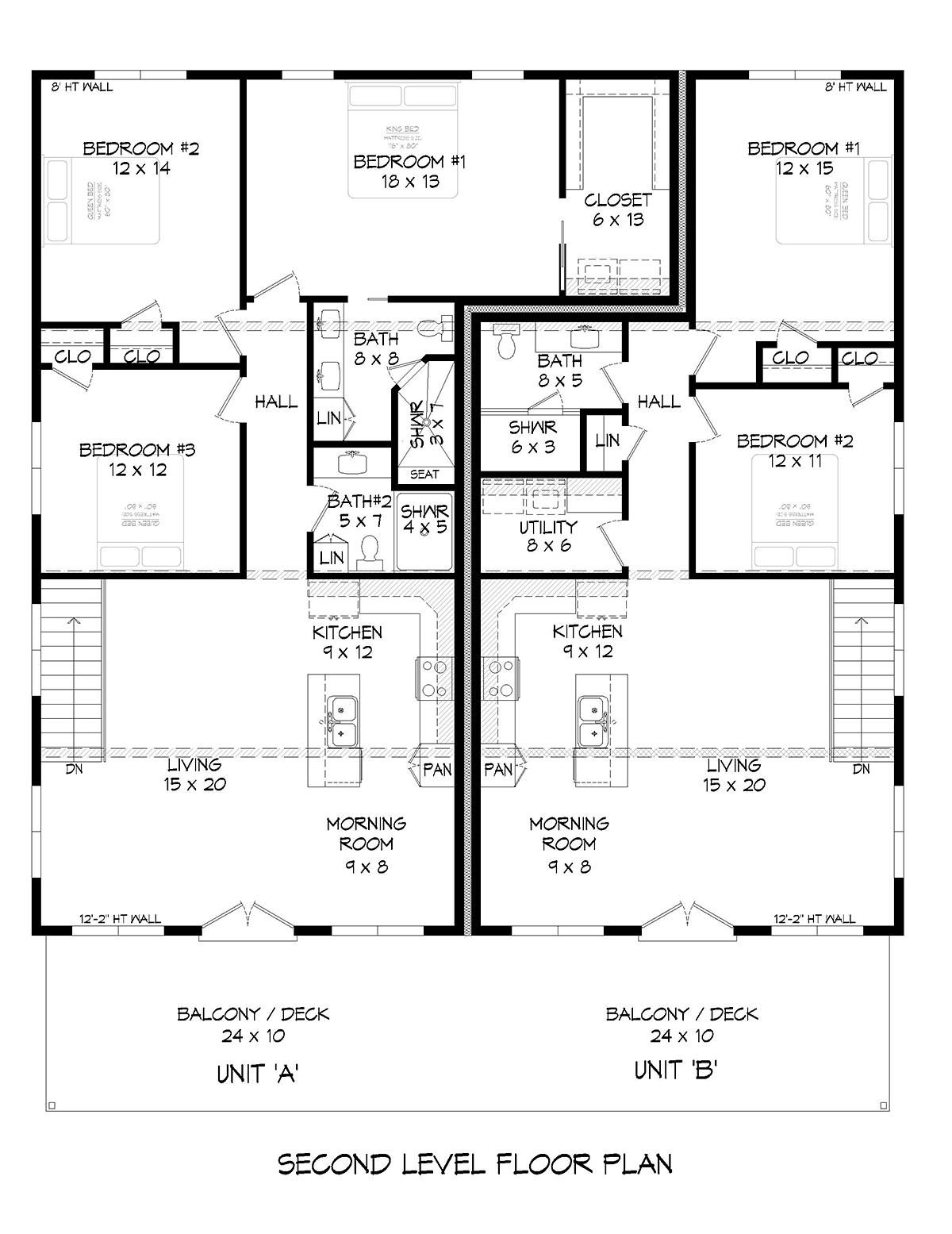 Contemporary, Modern Multi-Family Plan 52105 with 5 Beds, 4 Baths, 4 Car Garage Level Two
