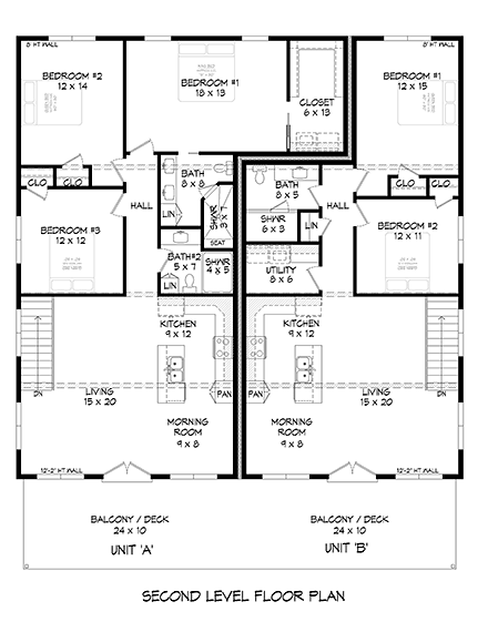 Contemporary, Modern Multi-Family Plan 52105 with 5 Beds, 4 Baths, 4 Car Garage Second Level Plan