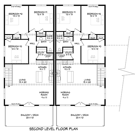 Contemporary, Modern Multi-Family Plan 52108 with 6 Beds, 4 Baths, 6 Car Garage Second Level Plan
