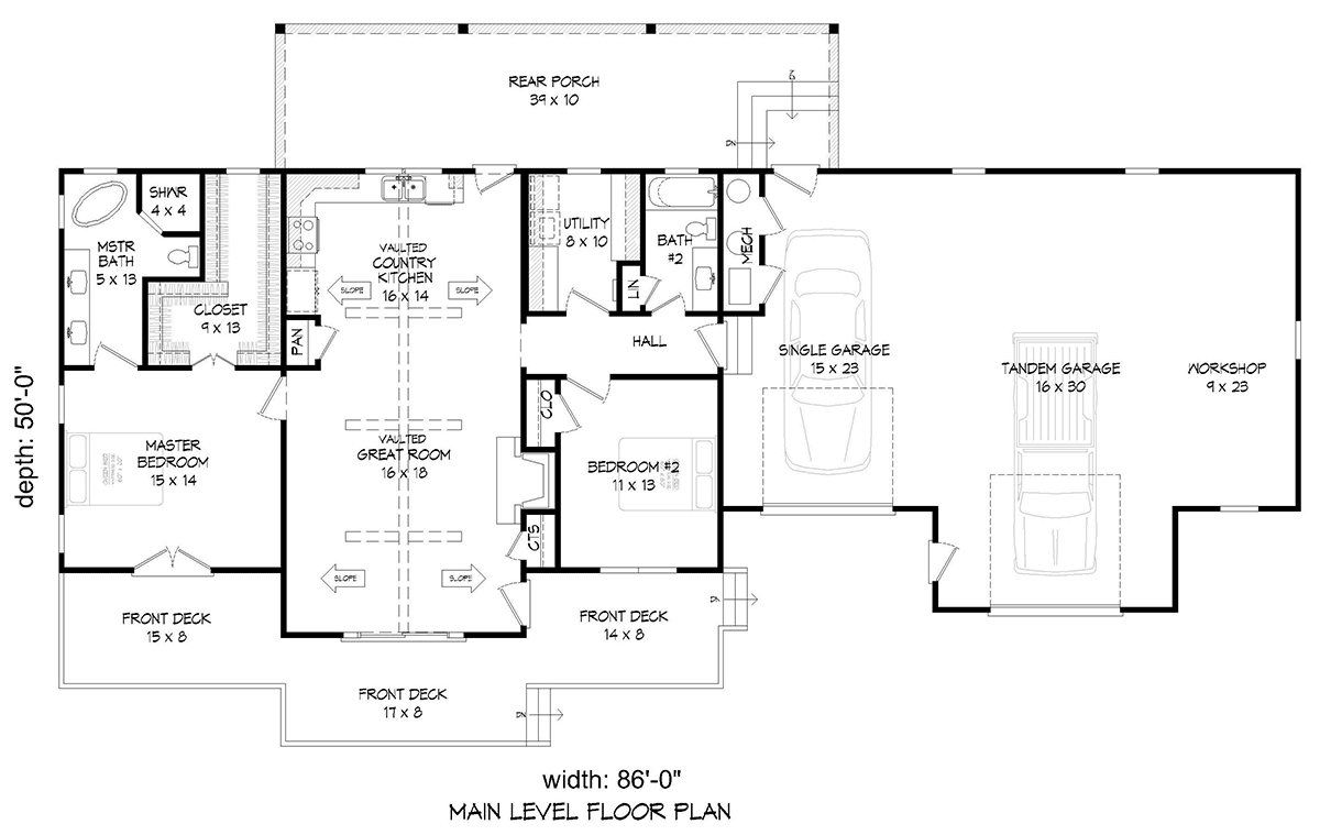 Traditional House Plan 52115 with 2 Beds, 2 Baths, 2 Car Garage Level One