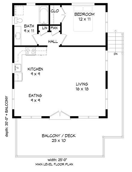 Contemporary, Modern House Plan 52116 with 1 Beds, 1 Baths First Level Plan
