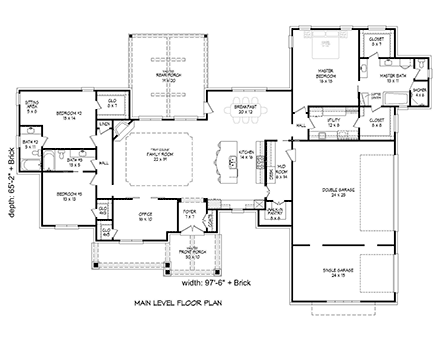 French Country, Ranch, Traditional House Plan 52117 with 3 Beds, 3 Baths, 3 Car Garage First Level Plan