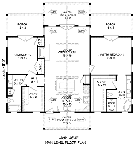 Country, Farmhouse, Traditional House Plan 52120 with 2 Beds, 2 Baths First Level Plan