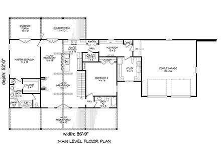 Country, Farmhouse, Traditional House Plan 52122 with 2 Beds, 2 Baths, 2 Car Garage First Level Plan
