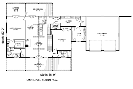Country, Farmhouse, Traditional House Plan 52123 with 2 Beds, 2 Baths, 2 Car Garage First Level Plan