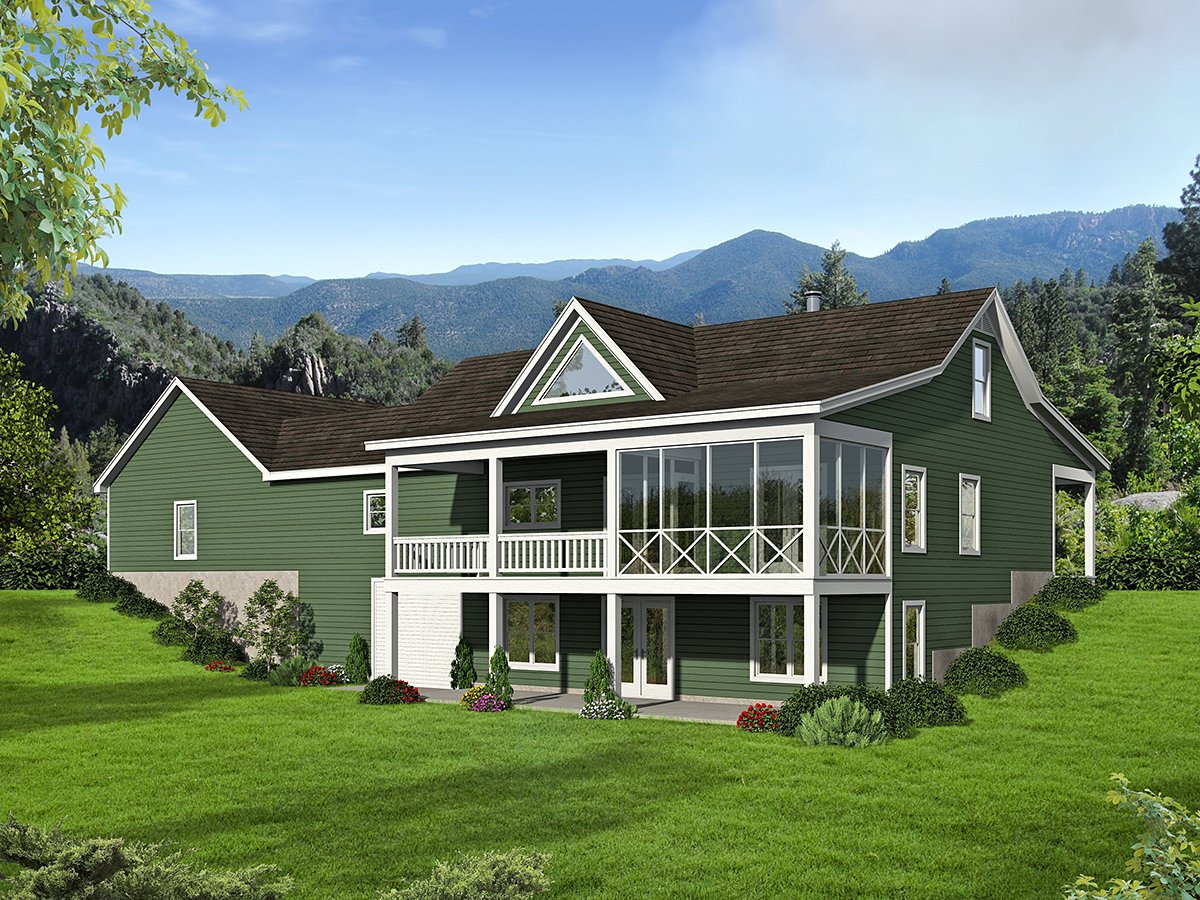 Country, Farmhouse, Traditional Plan with 1787 Sq. Ft., 2 Bedrooms, 2 Bathrooms, 2 Car Garage Rear Elevation