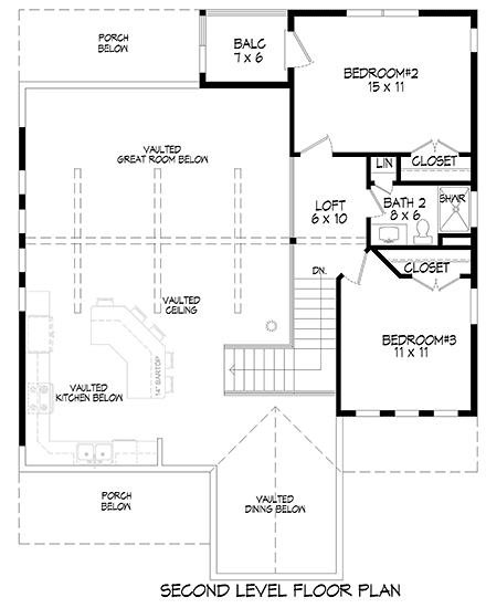 Country, Farmhouse House Plan 52131 with 3 Beds, 2 Baths Second Level Plan