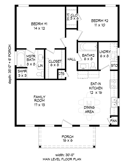 Country, Traditional House Plan 52133 with 2 Beds, 2 Baths First Level Plan