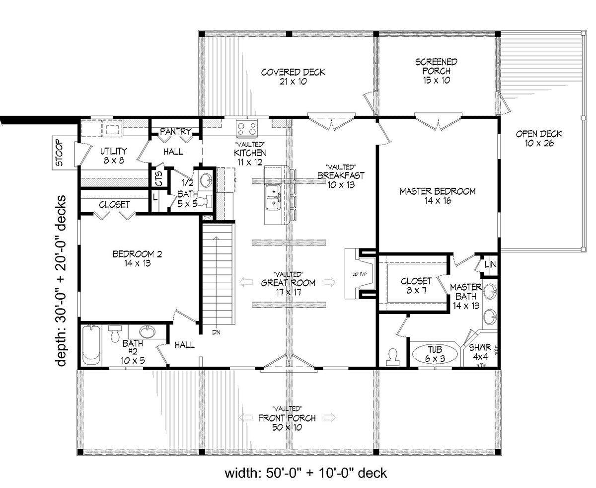Country, Ranch, Traditional House Plan 52135 with 2 Beds, 3 Baths, 1 Car Garage Level One