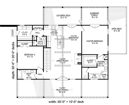 Country, Ranch, Traditional House Plan 52135 with 2 Beds, 3 Baths, 1 Car Garage First Level Plan