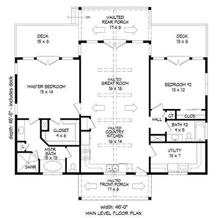 Traditional House Plan 52137 with 2 Beds, 2 Baths First Level Plan