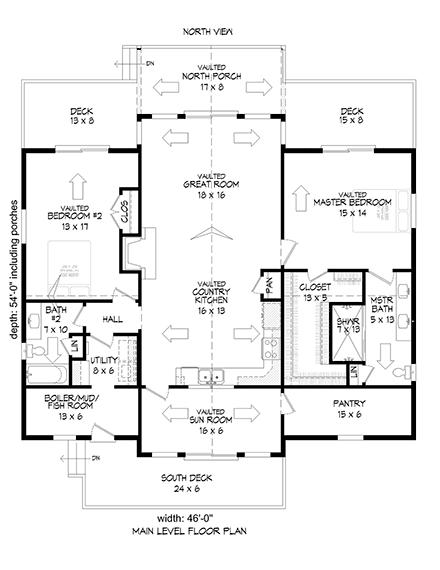 Traditional House Plan 52138 with 2 Beds, 2 Baths First Level Plan