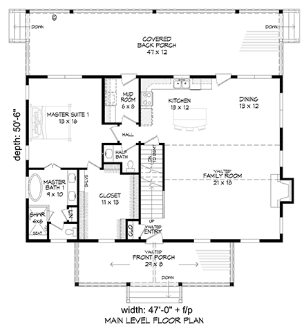 Bungalow, Country, Craftsman, Farmhouse House Plan 52140 with 3 Beds, 4 Baths, 2 Car Garage First Level Plan