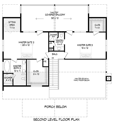 Bungalow, Country, Craftsman, Farmhouse House Plan 52140 with 3 Beds, 4 Baths, 2 Car Garage Second Level Plan