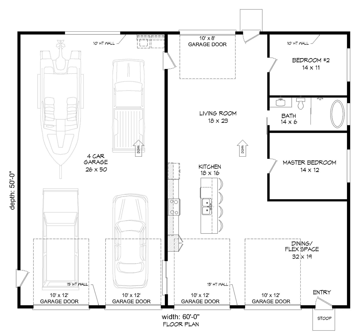 Bungalow, Contemporary, Craftsman Garage-Living Plan 52141 with 2 Beds, 1 Baths, 3 Car Garage Level One