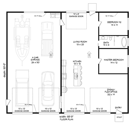 Bungalow, Contemporary, Craftsman Garage-Living Plan 52141 with 2 Beds, 1 Baths, 3 Car Garage First Level Plan