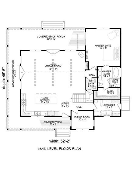 Country, Farmhouse, Traditional House Plan 52143 with 3 Beds, 4 Baths First Level Plan