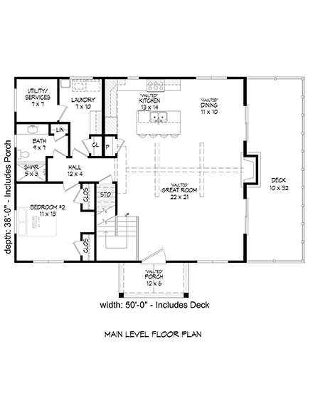 Cabin, Country, French Country, Ranch, Traditional House Plan 52145 with 2 Beds, 2 Baths First Level Plan
