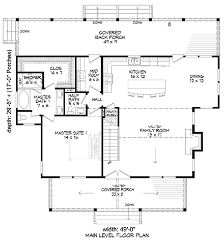 Cabin, Country, Farmhouse House Plan 52149 with 3 Beds, 3 Baths First Level Plan