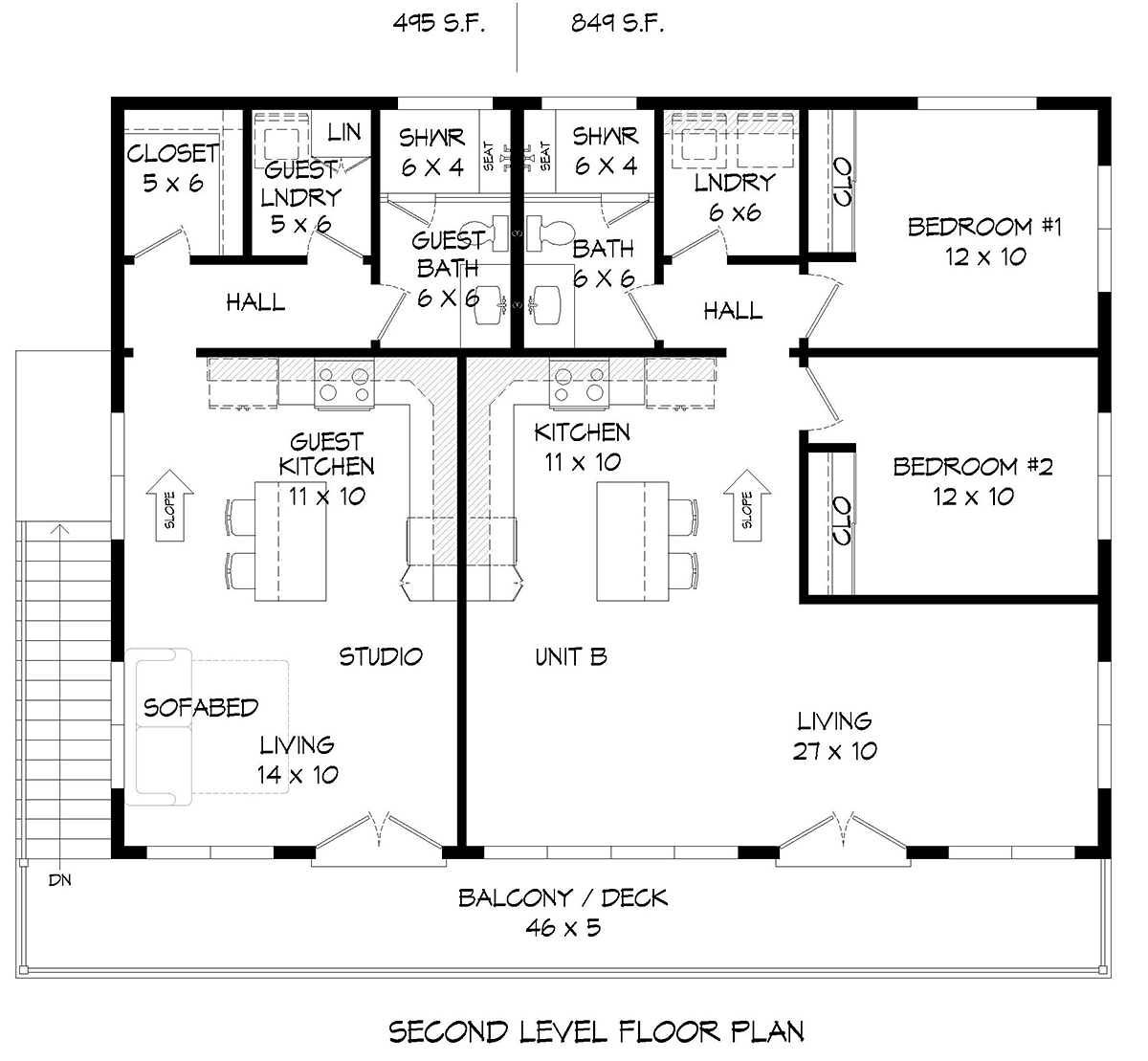 Contemporary, Modern Garage-Living Plan 52156 with 2 Beds, 3 Baths, 4 Car Garage Level Two