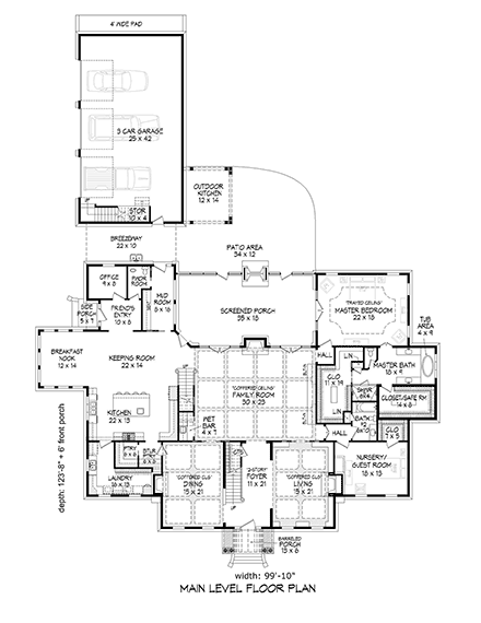 Colonial, Cottage, Country, Southern House Plan 52159 with 6 Beds, 6 Baths, 3 Car Garage First Level Plan
