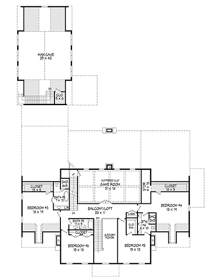 Colonial, Cottage, Country, Southern House Plan 52159 with 6 Beds, 6 Baths, 3 Car Garage Second Level Plan